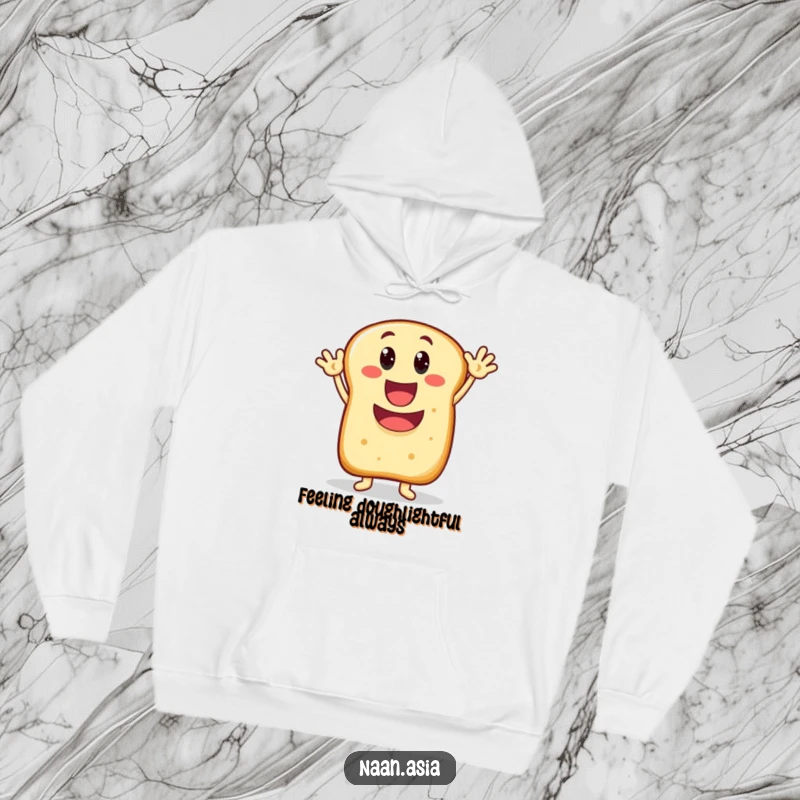 Funny Naan bread character hoodie, wide happy mouth, enthusiastically waving, offering warmth and a cheerful hello.