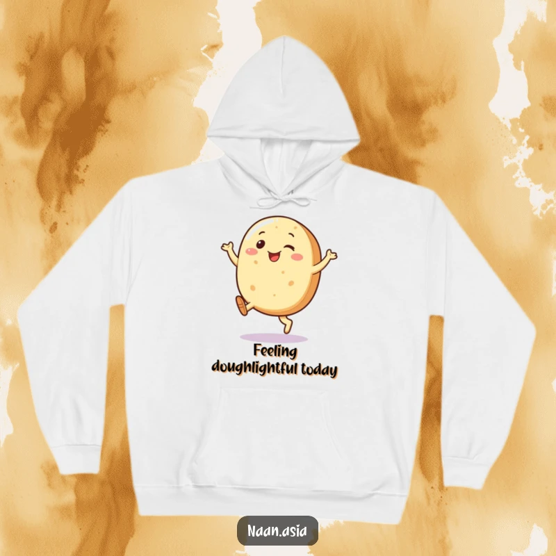 Funny Naan bread character hoodie, joyfully kicking legs in the air, radiating happiness and warmth, perfect for cozy laughs.
