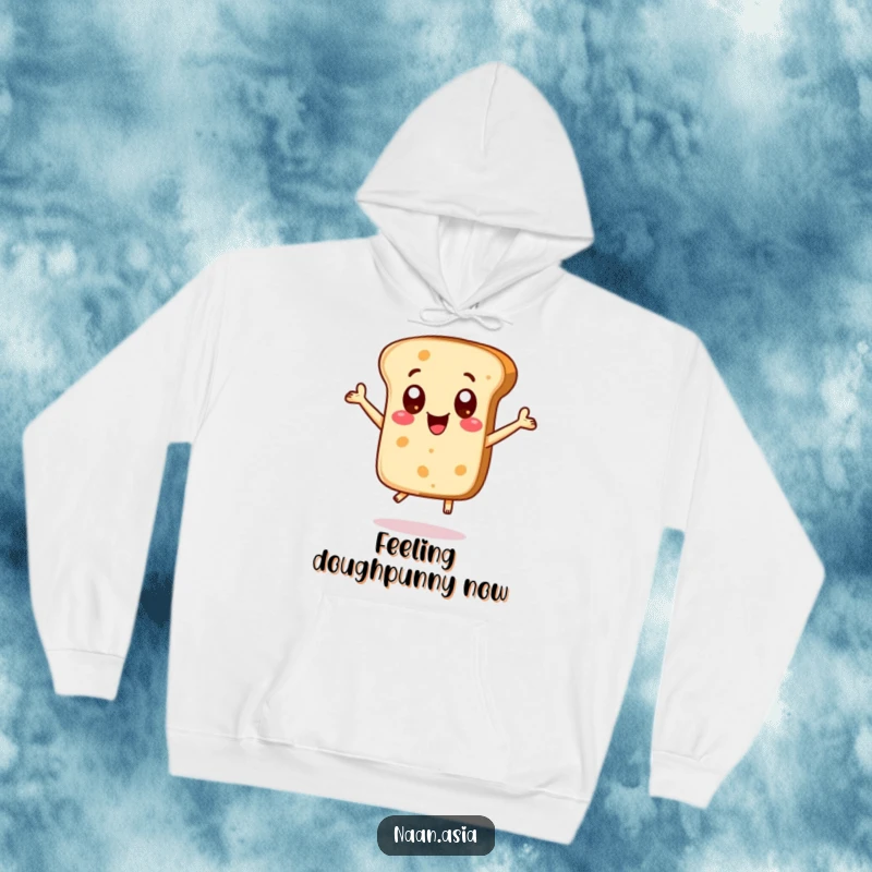 Funny Naan bread character hoodie, big excited dot eyes, jumping joyfully, offering warmth and a dose of happiness.