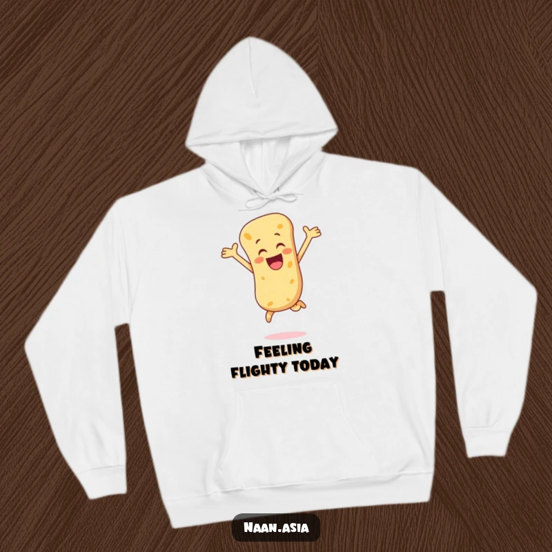 Funny Naan Bread Hoodie depicting a naan character energetically leaping with arms outstretched, a symbol of pure delight.