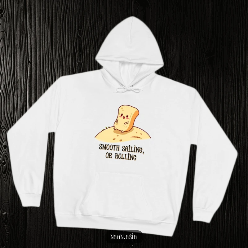 Funny Naan Bread Hoodie depicting a naan character happily tumbling down a hill, embodying leisure and fun humor.