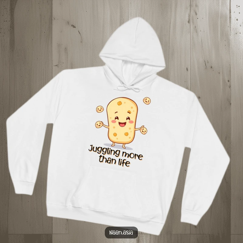 Funny Naan Bread Hoodie displaying a smiling naan character in the act of juggling tiny edible naan breads, incredibly amusing.