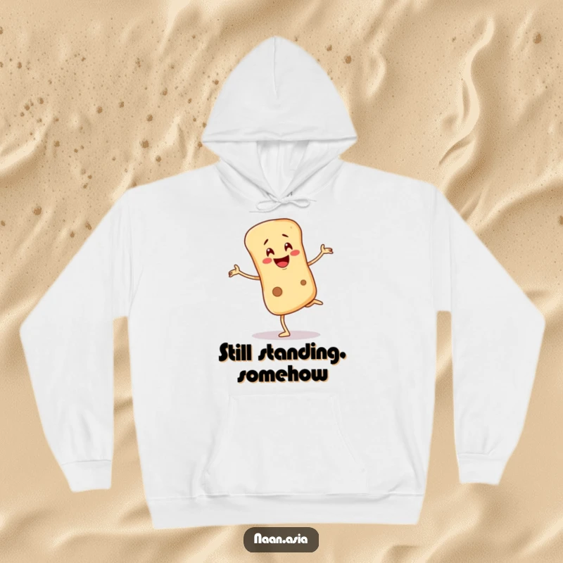 Funny Naan bread character hoodie, balancing precariously on one leg with a wobbling smile, offering comfort and humor.