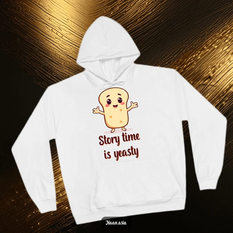 Funny Naan bread character hoodie, arms outstretched telling a joke, offering warmth and a guaranteed smile.
