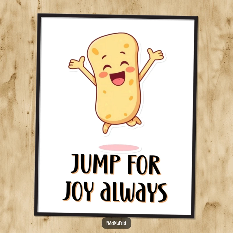 Funny Free Printable Wall Art: A naan bread character captured mid-leap with arms joyfully outstretched, radiating pure happiness.