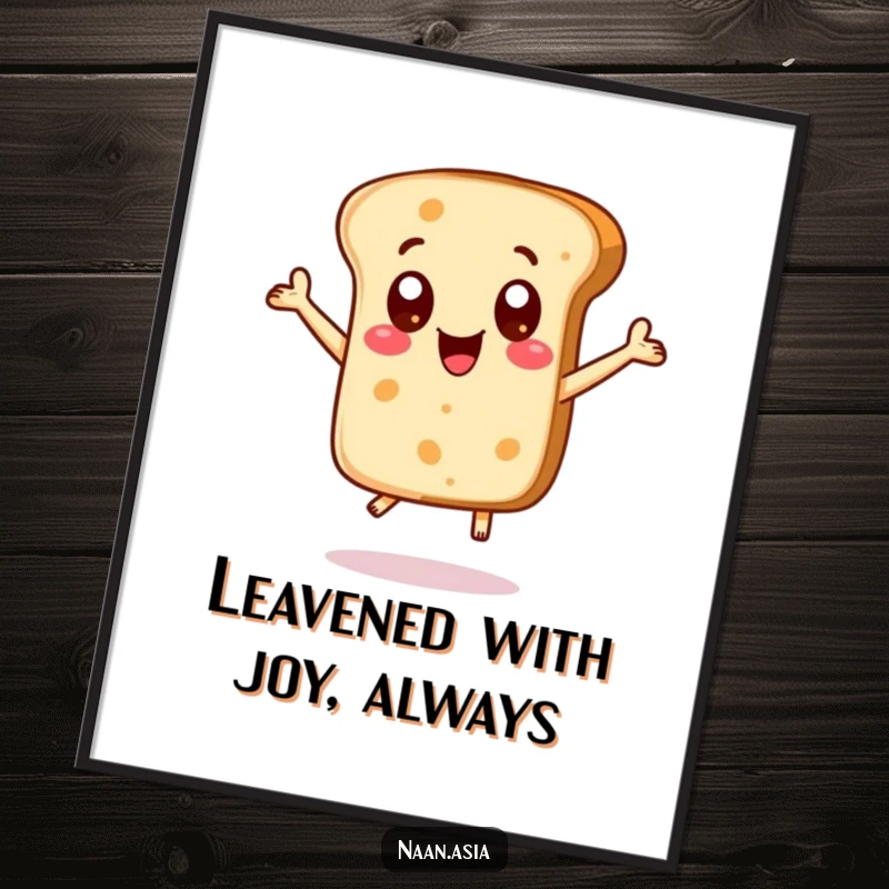 Funny Free Printable Naan Bread Wall Art: Character with dot eyes jumping high, conveying pure exhilaration.