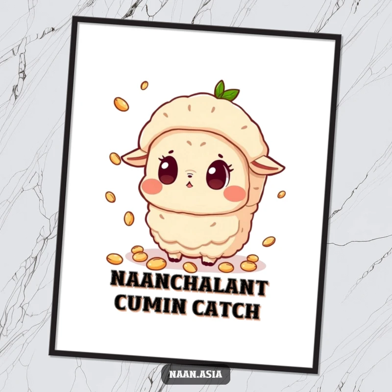 Funny Free Printable Naan Wall Art: A naan character with wide, surprised eyes attempts to catch falling cumin seeds in a humorous display.