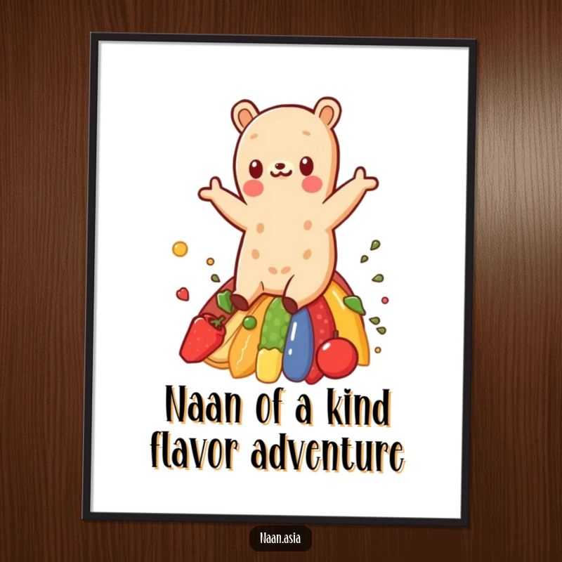 Funny Free Printable Naan Wall Art: A cheerful naan glides down a vibrant rainbow made of spices, bringing comedic flair.
