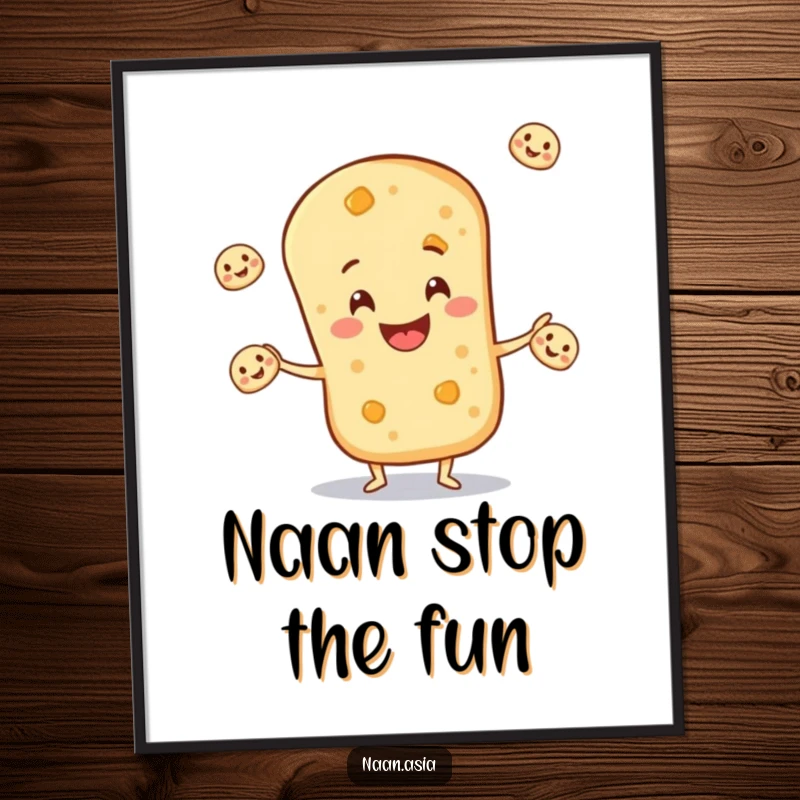 Funny Free Printable Wall Art: A smiling naan bread character expertly juggling several tiny smiling naan breads in a whimsical display.