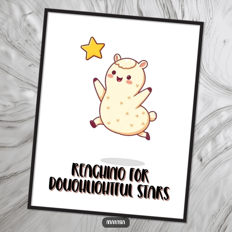 Funny Free Printable Wall Art: A smiling naan with tiny legs joyfully leaping towards a bright twinkling star in a dreamy sky.