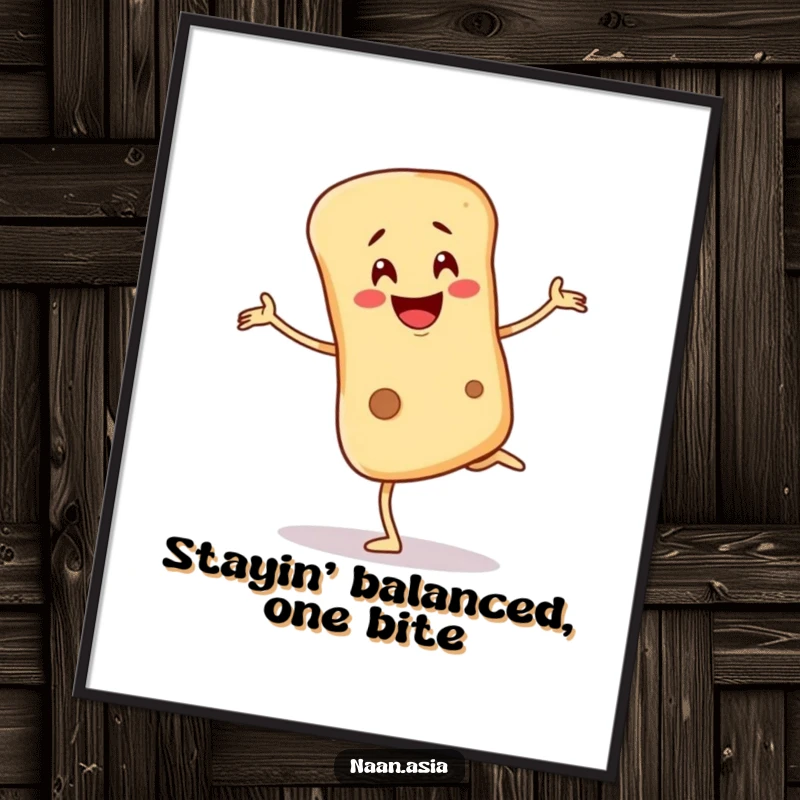 Funny Free Printable Naan Bread Wall Art: Naan character wobbling on one leg with a humorous, unsteady smile.