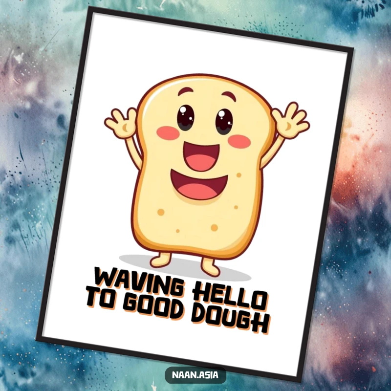 Funny Free Printable Naan Bread Wall Art: Enthusiastic naan character waving hello with a big, happy smile.