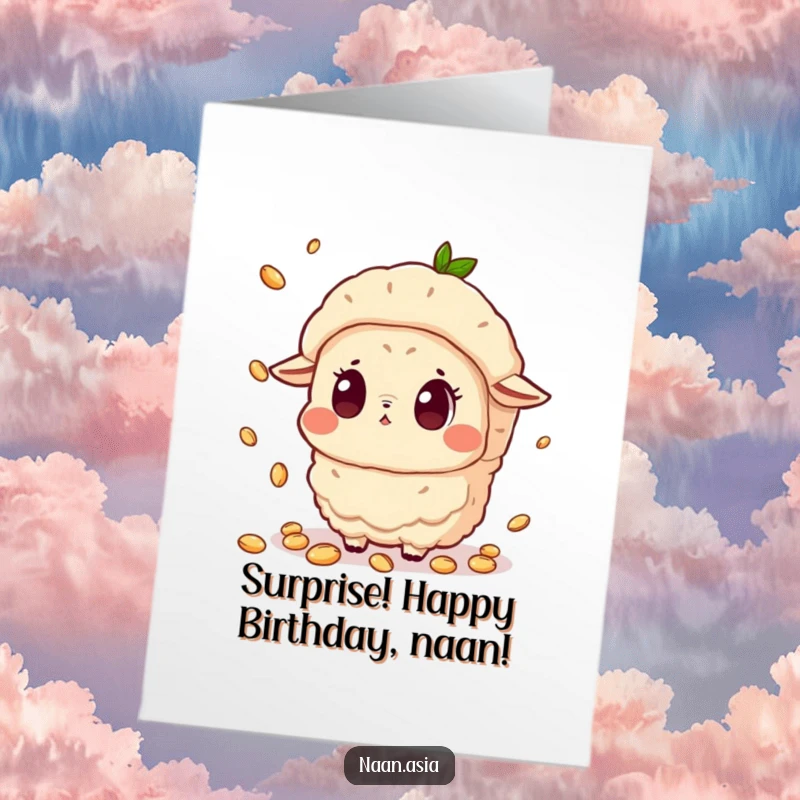 Funny Free Printable Naan Birthday Card: A surprised naan tries to catch falling cumin seeds, making for a memorable birthday wish.