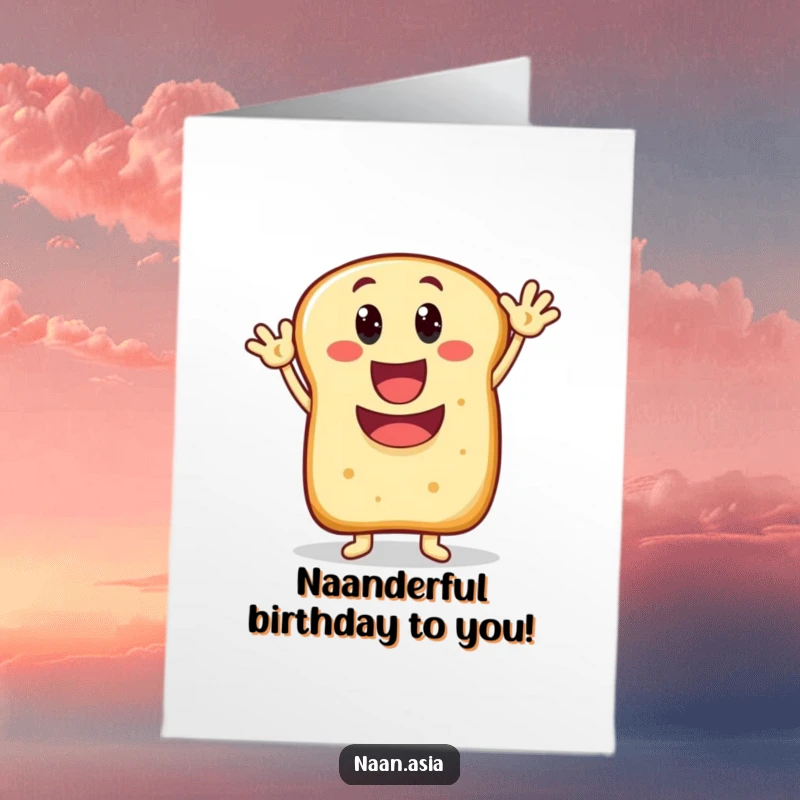 Funny Free Printable Naan Bread Birthday Card: Character with wide smile waving enthusiastically, sending birthday cheer.