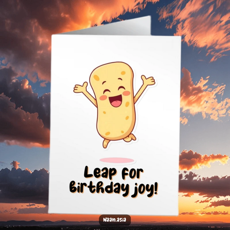 Funny Free Printable Birthday Card: A naan bread character joyfully leaping with its doughy arms wide open in exuberant celebration.