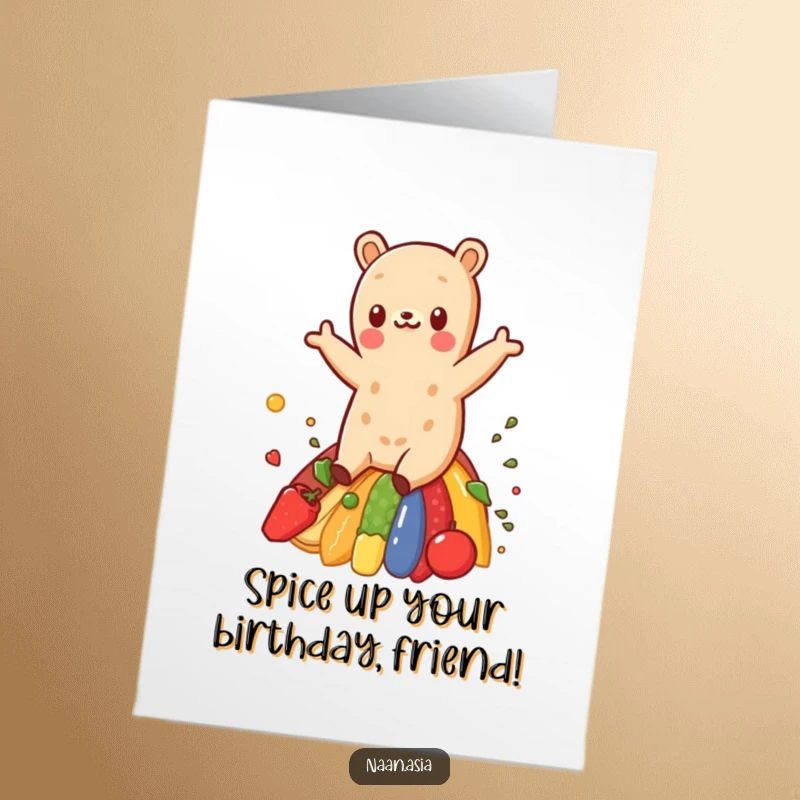 Funny Free Printable Naan Card: A happy naan slides down a vibrant spice rainbow, arms outstretched, spreading birthday cheer.