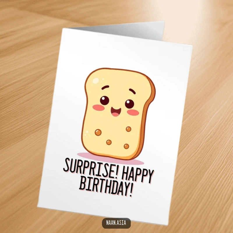 Funny Free Printable Birthday Card: A naan bread character looking surprised as a cheerful smiley face floats playfully towards it.