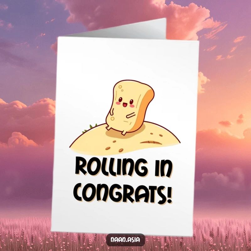 Funny Free Printable Congratulations Card: A naan bread character joyfully rolling down a hill, symbolizing a smooth and happy success.