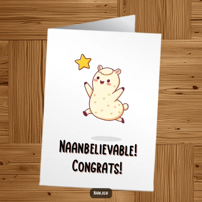 Funny Free Printable Congrats Card: A happy naan character with legs joyfully leaping towards a shining star in celebration.
