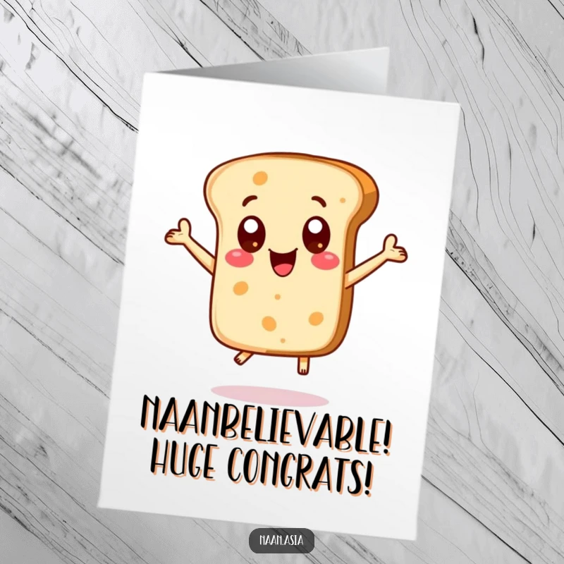 Funny Free Printable Naan Bread Congratulations Card: Character with big dot eyes jumping excitedly, celebrating success.