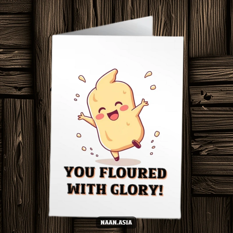 Funny Free Printable Naan Congratulations Card: A naan character tumbles with delight, celebrating success amidst a cloud of flour.
