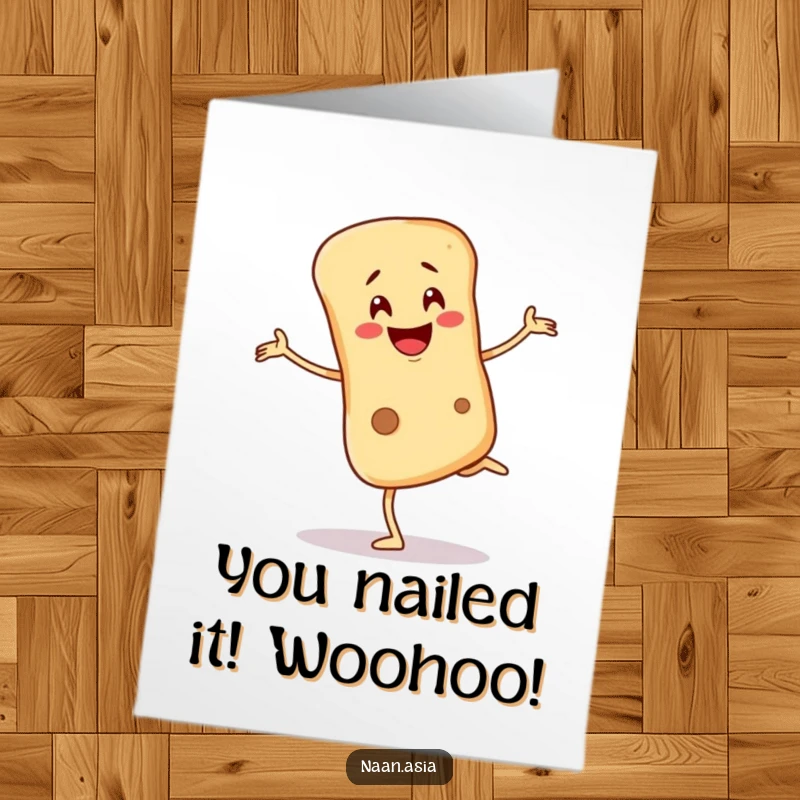 Funny Free Printable Naan Bread Congratulations Card: Character balancing precariously on one leg, a wobbly smile.