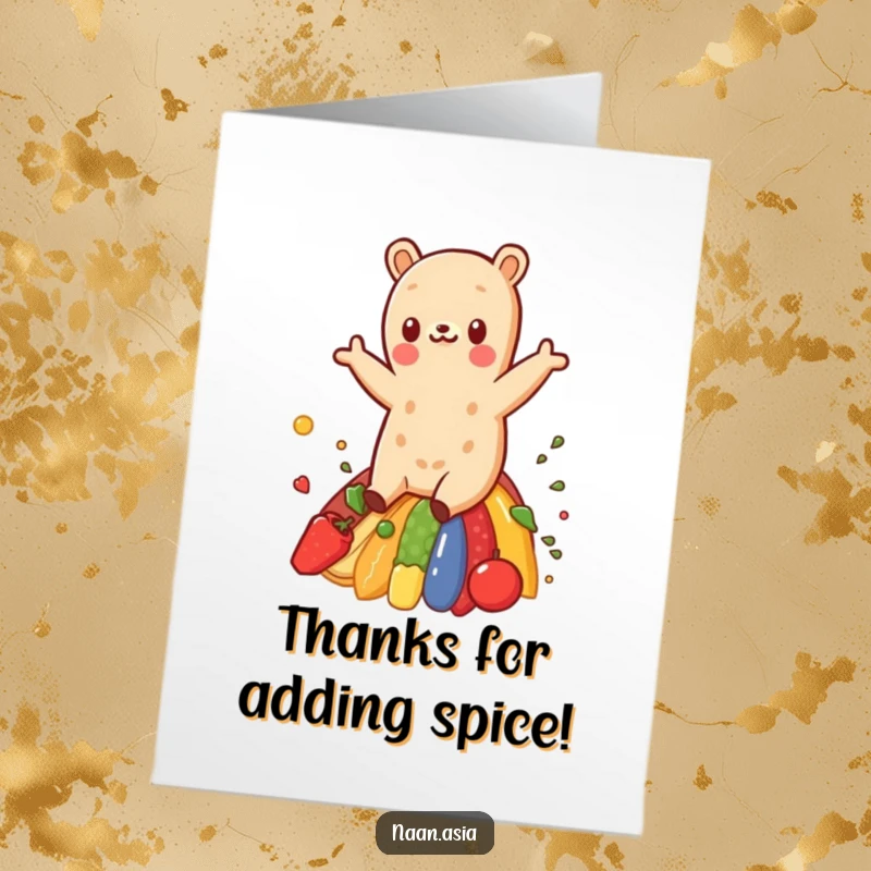 Funny Free Printable Naan Thank You Card: A naan slides down a spicy rainbow, giving thanks with a cheerful expression.