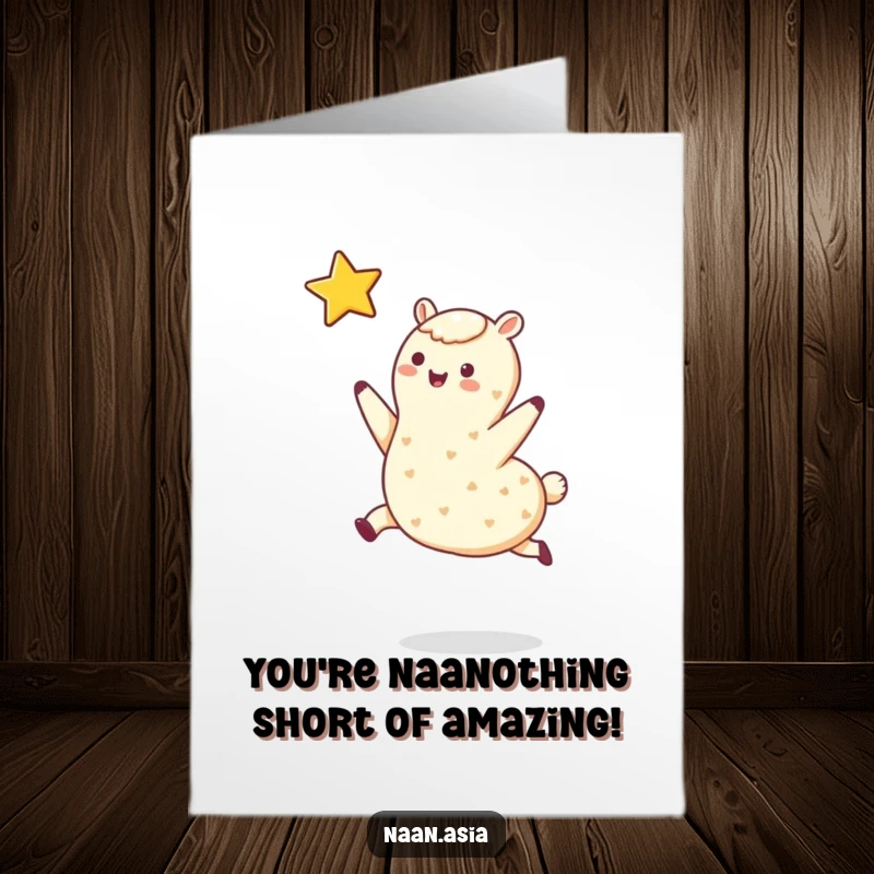 Funny Free Printable Thank You Card: A smiling naan with legs joyfully leaping towards a twinkling star to show thanks.