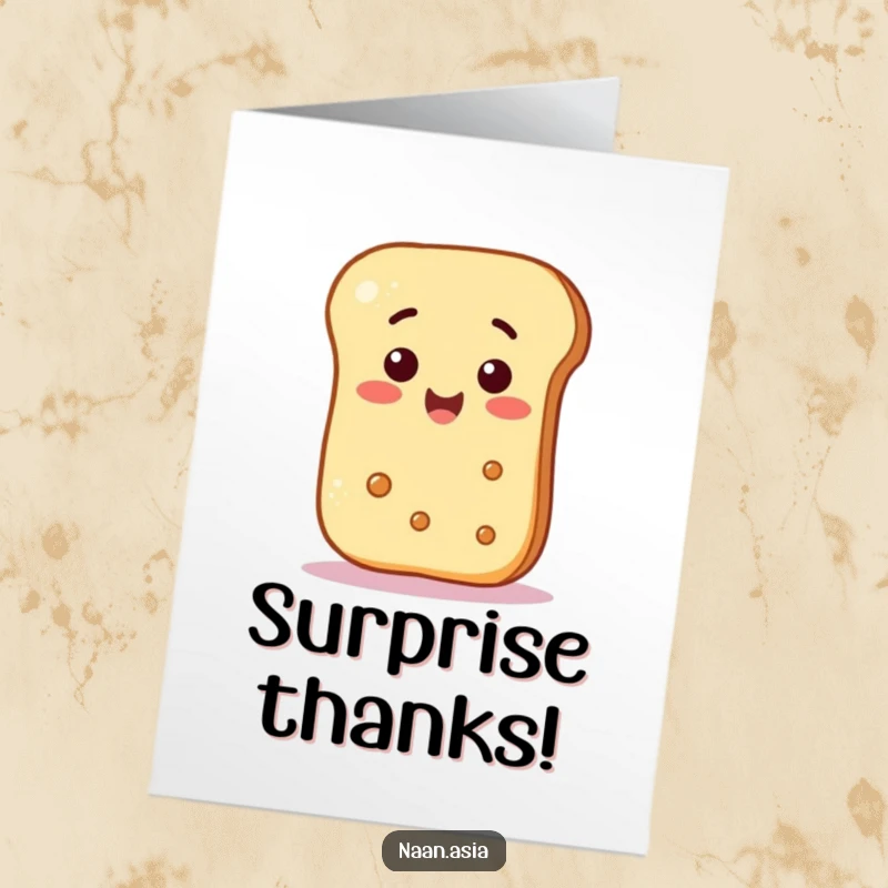 Funny Free Printable Thank You Card: A naan bread character looking surprised by a cheerful smiley face floating towards it.