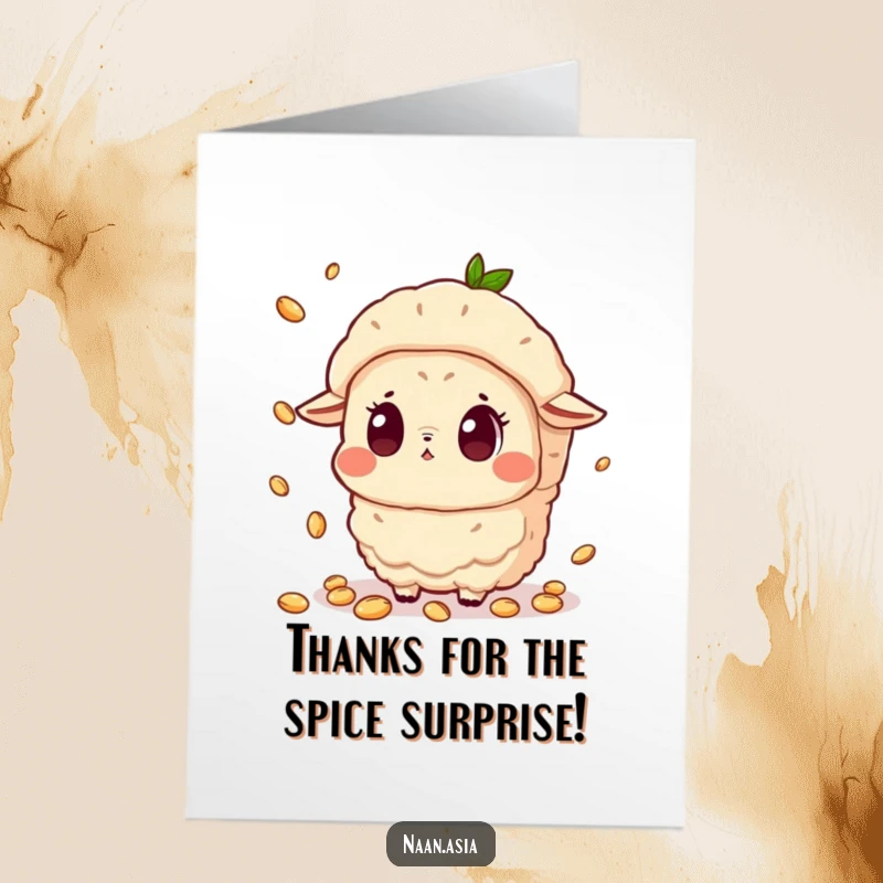 Funny Free Printable Naan Thank You Card: A wide-eyed naan comically tries to catch falling cumin seeds, expressing thanks.