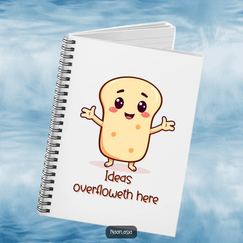 Funny Naan bread character notebook, arms outstretched telling a joke, inspiring creative writing and humorous content.
