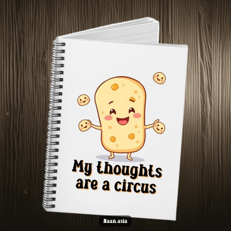 Funny Naan Bread Notebook featuring a cheerful naan character juggling small naan breads, ideal for writing and doodling.