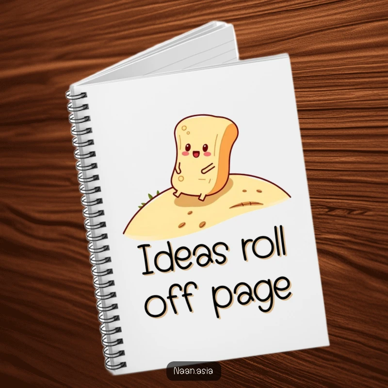 Funny Naan Bread Notebook with a naan character rolling down a hill, perfect for capturing ideas with relaxation.