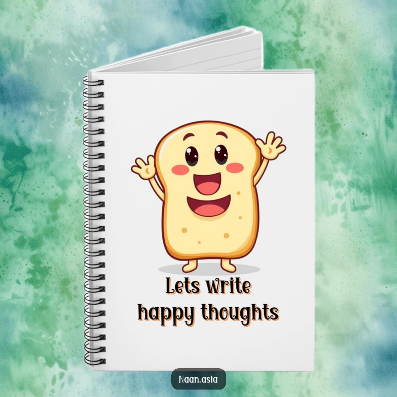 Funny Naan bread character notebook, wide happy mouth, enthusiastically waving, inspiring positive and cheerful writing.