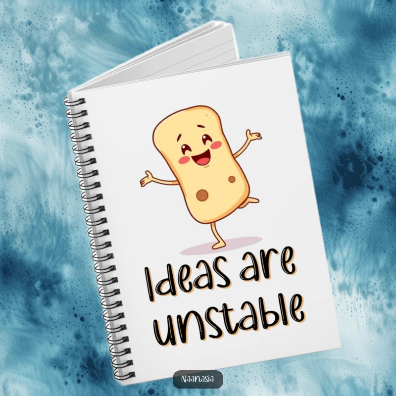 Funny Naan bread character notebook, precariously balancing on one leg with a wobbling smile, inspiring resilience.