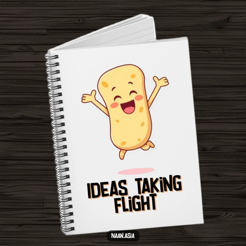 Funny Naan Bread Notebook with a naan character leaping joyfully, perfect for capturing ideas with energy and humor.