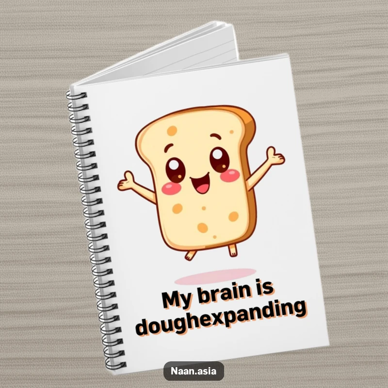 Funny Naan bread character notebook, big excited dot eyes, jumping with delight, inspiring creative writing.
