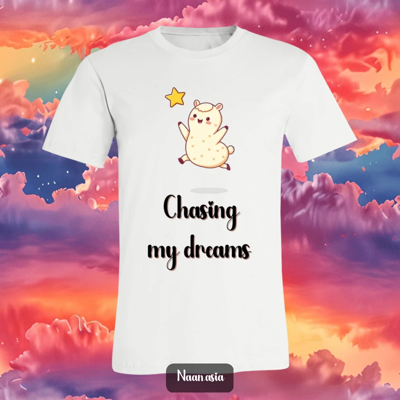 Funny t-shirt with a happy naan character leaping towards a twinkling star. Ideal for dreamers and foodies.