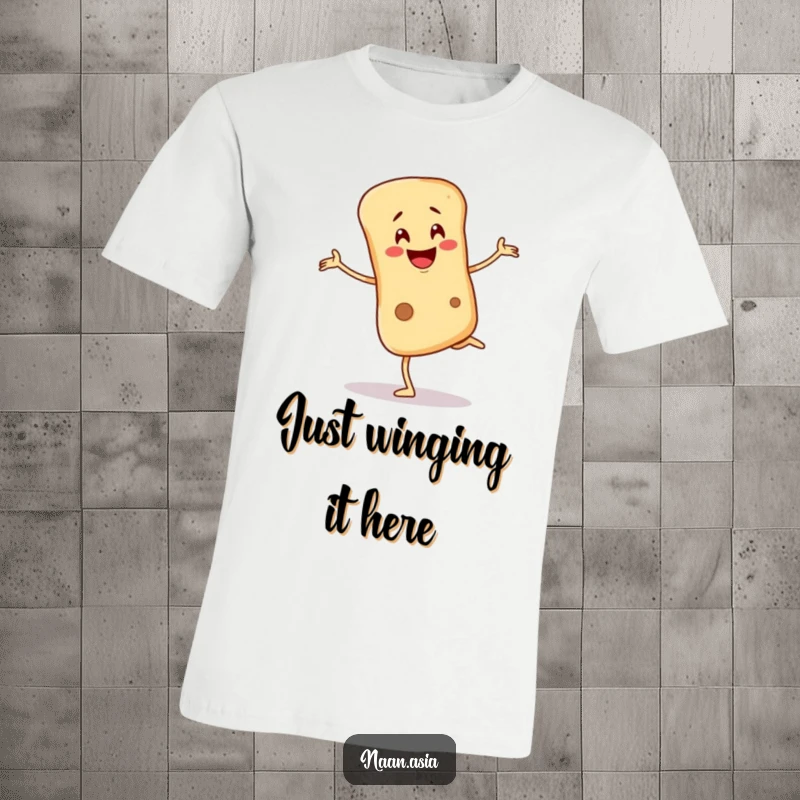Funny Naan bread character t-shirt, balancing precariously on one leg with a wobbling smile, embodying humorous perseverance.