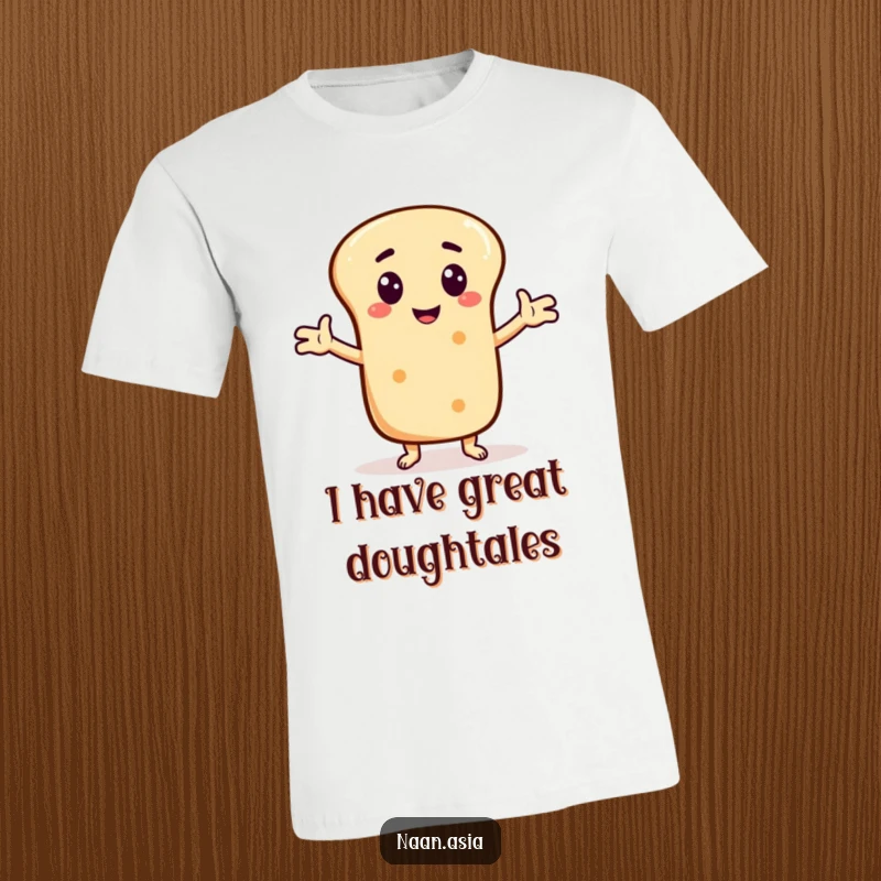 Funny Naan bread character t-shirt, arms spread wide telling a joke, embodying the spirit of comedy and fun.