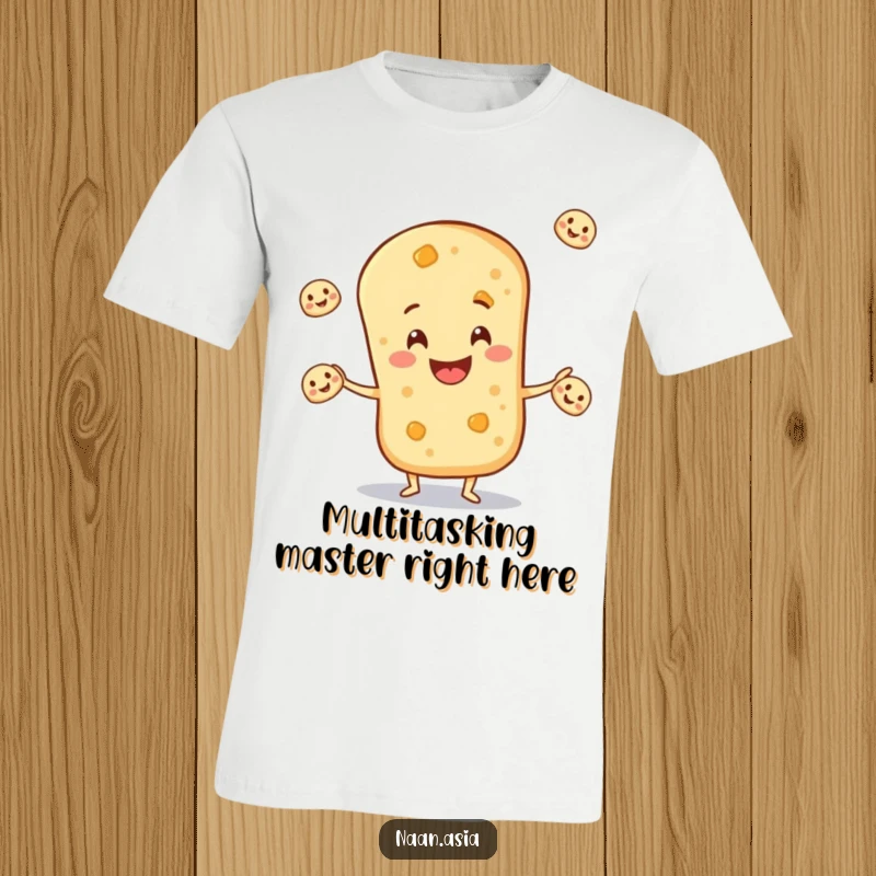Funny Naan Bread T-Shirt showcasing a joyful naan bread character expertly juggling smaller versions of itself, radiating pure fun.