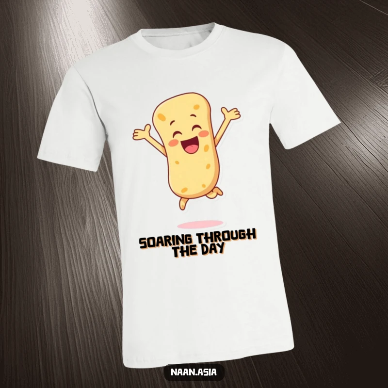Funny Naan Bread T-Shirt featuring a naan bread character in a dynamic, joyful leap with arms wide open, full of enthusiasm.