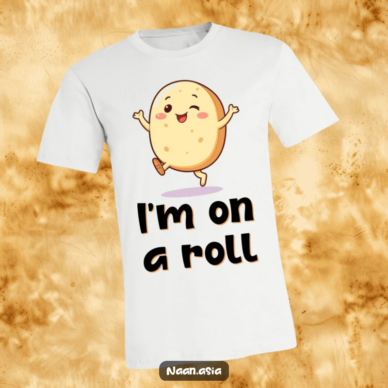 Funny Naan bread character t-shirt, legs kicking high in the air with a wide smile, celebrating pure, uninhibited joy.