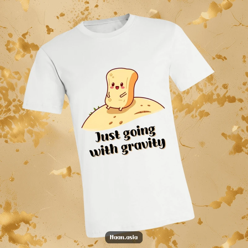 Funny Naan Bread T-Shirt featuring a naan bread character joyfully rolling down a hill, radiating carefree happiness.