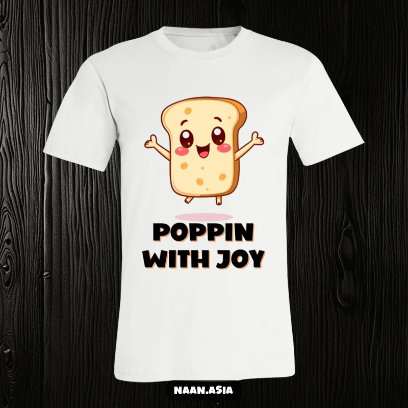Funny Naan bread character t-shirt, eyes like excited dots, jumping with absolute delight, radiating pure happiness.