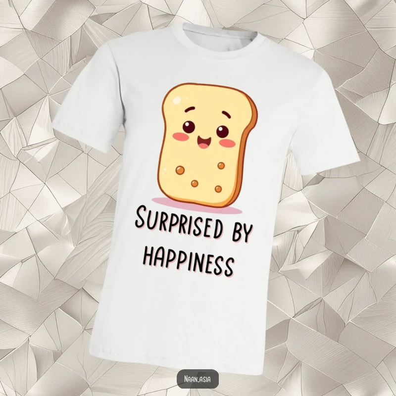 Funny Naan Bread T-Shirt featuring a naan character with wide eyes reacting to a hovering smiley face, a humorous scene.