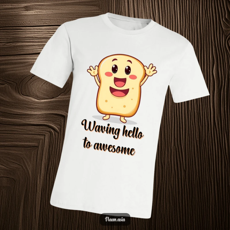 Funny Naan bread character t-shirt, wide happy mouth, enthusiastically waving hello, radiating pure joy and friendliness.