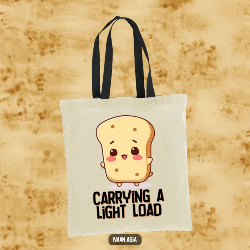 Funny Naan Bread Tote Bag displaying a naan character curiously tilting its head, a charming and funny illustration.