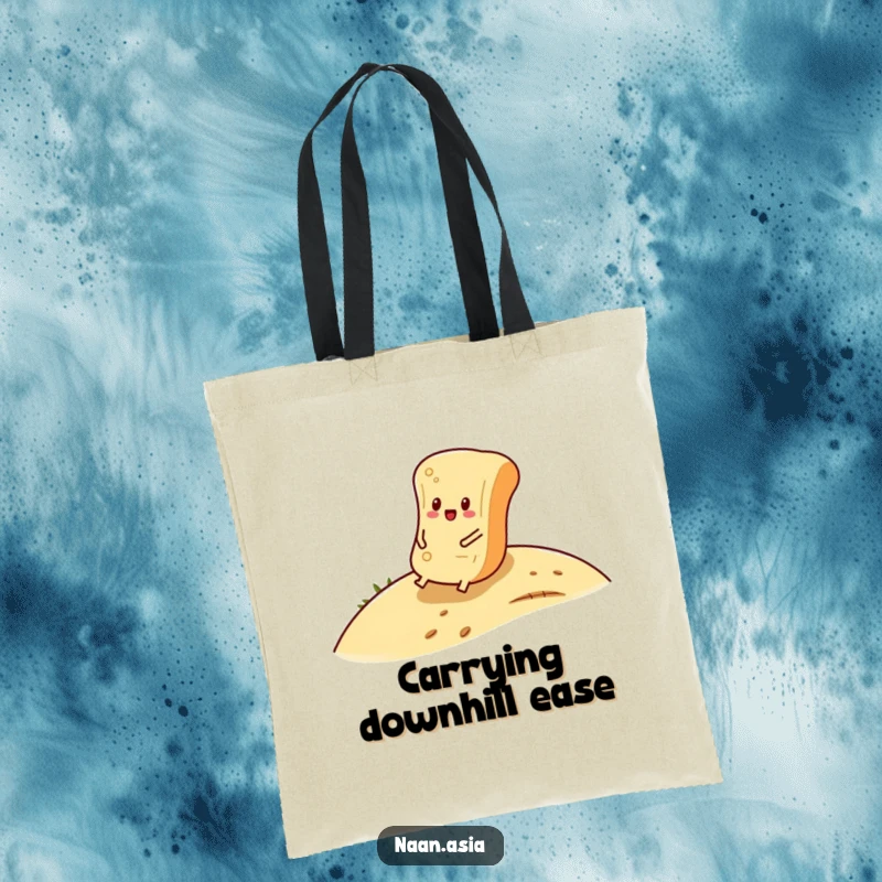 Funny Naan Bread Tote Bag showing a naan character happily rolling down a gentle slope, a symbol of carefree fun.