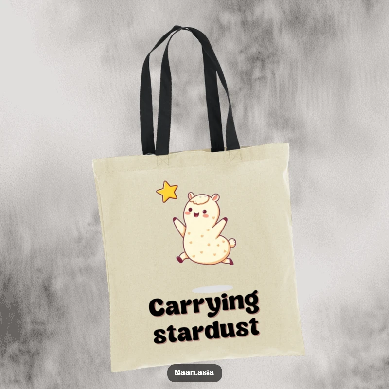 Funny tote bag with a happy naan character leaping towards a star. Functional and inspirational design.
